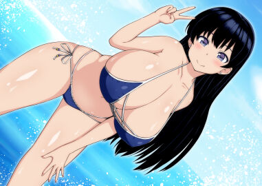 arato_nagi bare_shoulders bikini black_hair blue_bikini blue_eyes blush breasts cleavage earrings female highres jewelry large_breasts long_hair looking_at_viewer nagi_arato navel ruri_no_houseki ruri_rocks solo stud_earrings swimsuit