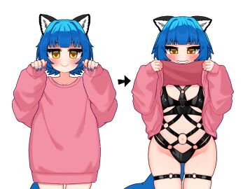 black_swimsuit blue_hair blue_nails blush blushing_at_viewer blushing_female endless_(idol_corp) female fluffy fluffy_tail idol-en idol_corp jacket jacket_lift jacket_open jacket_up pink_jacket poko_rakun racoon racoon_ears racoon_girl racoon_tail ryoru97 ryoshi_(artist) sleek_back slim_body slim_female smiling smiling_at_viewer surprise swimsuit text_bubble thighs undressing undressing_self upscaled virtual_youtuber vtuber yellow_eyes