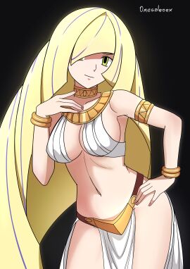 absurdres alexkonakona alternate_breast_size_(larger) armlet artist_name big_breasts black_background blonde_hair bracelet breasts closed_mouth commentary contrapposto cowboy_shot english_commentary female gold_armlet gold_bracelet green_eyes hair_over_one_eye hand_on_own_hip hand_up harem_outfit highres jewelry large_breasts long_hair looking_at_viewer lusamine_(pokemon) mature_female medium_breasts neck_ring pelvic_curtain pokemon pokemon_sm pokemon_sun_&_moon simple_background smile smiling_at_viewer solo stomach thick_thighs very_long_hair wide_hips
