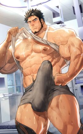1boy abs balls balls_under_clothes bara beard_stubble beefy biceps big_areola big_breasts big_bulge big_penis black_hair blurry_background blush boxers breasts brown_eyes bulge bulge_through_clothing chest_hair clenched_hand clothes_lift daddy dilf erect_nipples erect_penis erection erection_under_clothes erection_under_clothing examination_room fingernails frown gay genital_outline hand_on_waist happy_trail hi_res huge_bulge huge_cock hunk indoor_nudity indoors looking_at_penis looking_down male male_only masculine_male mature_male muscles muscular muscular_arms muscular_chest muscular_legs muscular_male muscular_thighs musk musk_clouds musky navel nipples nullqllun oppai original original_character pants_down pecs penis physical_exam quadriceps sanpaku scientific_instrument short_hair sideburns six_pack small_pupils standing steam steaming_body sweat sweatdrop sweating sweaty tanktop thick_arms thick_neck thick_thighs tough_guy triceps veiny_arms yaoi