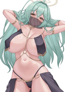 1girls abydos_high_school_student ahoge alternate_costume armlet arms_behind_head blue_archive breast_curtains breasts brown_halo dancer female female_only foreclosure_task_force_(blue_archive) green_hair halo highres jewelry large_breasts light-skinned_female light_skin long_hair looking_at_viewer mask mouth_mask navel open_mouth pinkcap simple_background solo thighs white_background yellow_eyes yume_(blue_archive)