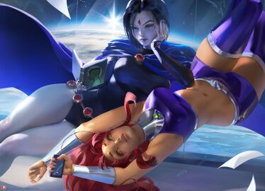 2girls armpits big_breasts black_hair breasts cape dark_skin female female_only gloves green_eyes hips listening_to_music long_hair medium_breasts multiple_females multiple_girls navel orange_hair orange_skin pose posing purple_hair purple_skin purple_skirt purple_socks raven_(dc) reading_book sakimichan short_hair showing_navel showing_off showing_off_breasts skirt socks starfire swimsuit teen_titans teenage_female teenager thick_legs thick_thighs thigh_highs tiny_waist upside-down yuri