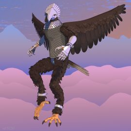 2025 3d accipitrid accipitriform ankle_cuffs anthro armor avian bald_eagle bird blender_(artwork) bondage bound brown_body brown_feathers cel_shading chastity_belt chastity_device clothing cloud collar cuff_(restraint) digital_media_(artwork) eagle evening feathered_wings feathers feet female flying gauntlets gloves handwear headgear helmet hi_res leg_cuffs lock looking_at_viewer looking_forward metal_chastity_belt mitokep mountain mountain_range padlock restraints sea_eagle shaded signature simple_background sky skyscape slave solo talons text toes topwear url vest wings wings_folded wrist_cuffs yellow_eyes
