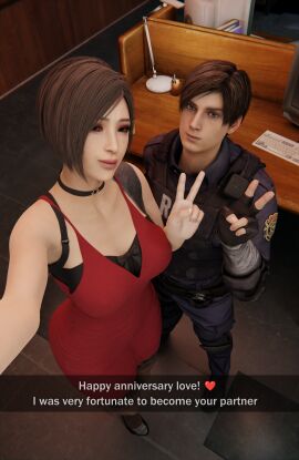 1boy 1girls 3d ada_wong ada_wong_(adriana) brown_hair dress english_text eskandart female leon_scott_kennedy light-skinned_female light-skinned_male light_skin looking_at_viewer male police_uniform red_dress resident_evil resident_evil_2 resident_evil_2_remake selfie short_hair snapchat v