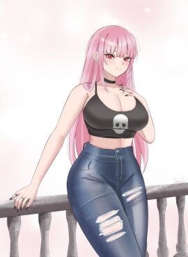 1girls against_railing arm_support big_breasts blush breasts bursting_breasts busty cleavage denim female female_only hand_on_own_chest highres hololive hololive_english hololive_myth jeans large_breasts legs long_hair looking_at_viewer midriff mori_calliope pants pink_hair railing red_eyes smile solo tank_top thick_thighs thighs torn_clothes torn_pants very_long_hair virtual_youtuber voluptuous