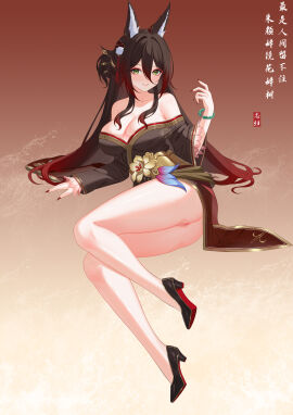 1girls absurdres animal_ears bare_legs bare_shoulders black_footwear black_heels blush bracelet breasts brown_hair brown_hanfu chinese_clothes chinese_commentary cleavage closed_mouth collarbone commentary_request female female_only fox_ears fox_girl fugue_(honkai:_star_rail) full_body gradient_hair hair_between_eyes hanfu high_heels highres honkai:_star_rail honkai_(series) hoyoverse jewelry large_breasts legs light-skinned_female light_skin looking_at_viewer mihoyo multicolored_hair nail_polish nanqizizhou off_shoulder partial_commentary pussy red_bottom_heels red_nails smile solo tingyun_(honkai:_star_rail) translation_request uncensored