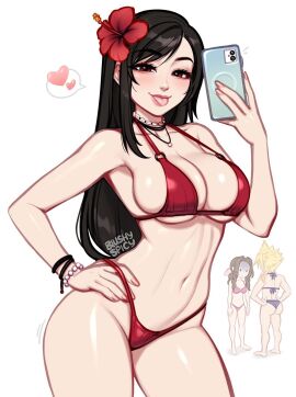 1boy 2025 2girls :p aerith_gainsborough alternate_costume artist_name bikini black_hair blep blush blushypixy blushyspicy bracelet breasts cloud_strife female female_focus final_fantasy final_fantasy_vii final_fantasy_vii_remake fingering flower flower_in_hair heart highres large_breasts light-skinned_female light-skinned_male light_skin looking_at_viewer male navel necklace nipples phone plain_background red_eyes solo_focus swimsuit tifa_lockhart tongue tongue_out watermark white_background