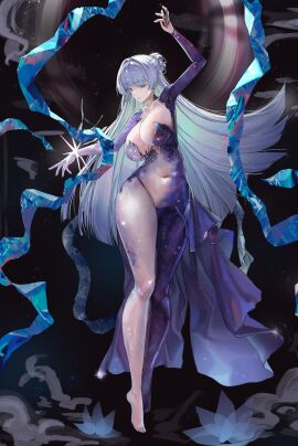 1girls belly_button big_breasts breasts disgustingtokki feet female female_only goddess_of_victory:_nikke grey_eyes hips hips_wider_than_shoulders long_hair looking_at_viewer mostly_clothed nayuta_(nikke) nayuta_(wu_wei)_(nikke) pale_skin skin_tight solo starry_background starry_sky stars tagme thick_thighs thighs toes white_hair