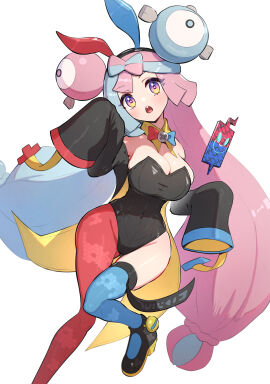 1girls alternate_breast_size blue_hair breasts bunny_ears bunny_girl bunnysuit female gonzarez gym_leader hi_res iono_(pokemon) light-skinned_female light_skin long_hair nintendo pink_hair pokemon pokemon_sv simple_background twintails two-tone_hair