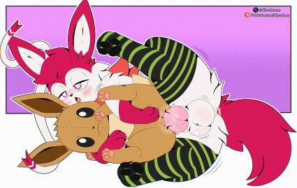 anus ass balls blush cherry_(reconthesylveon) clothing cloudeon crossdressing crossdressing_(mtf) crossdressing_male eevee eeveelution erection femboy feral fur gay gay_anal gay_male gay_sex generation_1_pokemon generation_6_pokemon genitals hi_res holding_object homosexual homosexual_male homosexual_sex knot legwear looking_at_viewer male male/male male_only male_penetrated male_penetrating male_penetrating_male nintendo open_mouth pattern_clothing pattern_legwear penetration penis plushie plushophilia pokemon pokemon_(species) raised_leg red_body red_eyes red_fur simple_background smile solo solo_male spread_legs spreading stockings striped_clothing striped_legwear stripes sylveon tail thigh_highs tongue white_body white_fur yaoi
