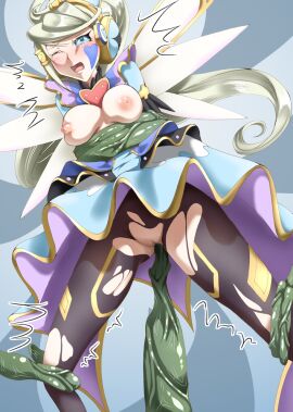 blonde_hair blue_eyes blue_sclera blush breasts clothing duel_monster exposed_breasts heart_tattoo hi_res low-angle_view one_eye_closed open_mouth r2pir2pi skirt skirt_lift tattoo tears tentacle tentacle_sex tied tied_hands torn_clothes trickstar trickstar_holly_angel uncensored yu-gi-oh!