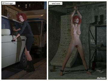 1girls 3d artist_name before_and_after bit_gag bondage bound bound_ankles bound_wrists completely_nude female gag gagged nude nude_female original red_eyes shytimide spreader_bar