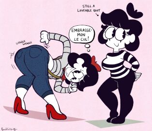 english_text female french_text imrachets jeans mime mime_girl red_heels tagme