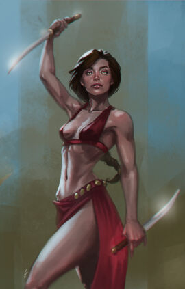 1girls arttair belly_dancer belly_dancer_outfit bodyguard braided_hair breasts brown_hair dancer dual_wielding female harem_girl harem_outfit holding_weapon long_hair looking_at_viewer medium_breasts original original_character sarong swords