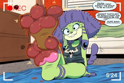 1girls 3_toes bedroom claws clothed clothing deepcreases fan_character female female_only foot_fetish foot_focus foot_play maple_syrup maple_syrup_on_feet pawpads paws sheep sitting sitting_down syrup text text_bubble