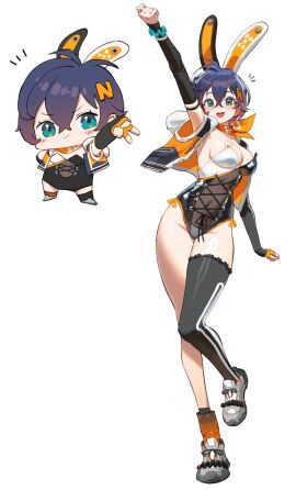 1girls ahoge animal_ear_hairband animal_ear_headwear animal_ears arm_up armband armwear belle_(zenless_zone_zero) black_leotard black_socks blue_hair blush blush_lines blushing bracelet bunny_ears bunny_girl bunnysuit chibi_inset cleavage detached_sleeves female fingerless_gloves gloves green_eyes hair_between_eyes hairclip letter_hair_ornament light-skinned_female light_skin looking_at_viewer neckerchief necktie no_sex not_porn pale-skinned_female pale_skin peace_sign pose ribbon ribbons shoes short_hair single_thighhigh sleeveless sleeveless_jacket smile smiling smiling_at_viewer sneakers standing standing_on_one_leg strapless_leotard uneven_legwear white_background wonbin_lee zenless_zone_zero