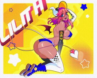 ass bikini blue_eyes breasts crystalsugarstars demon demon_girl demon_horns demon_tail demon_wing ear_piercing female female_only fully_clothed large_breasts light_brown_skin lilith_(crystalsugarstars) pink_hair race_queen revealing_clothes revealing_outfit stockings succubus