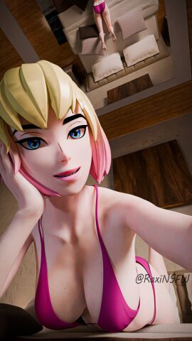 3d alternate_version_available bed bedroom bikini bikini_bottom bikini_top clothed clothed_female clothing female female_only fortnite gwen_poole gwenpool gwenpool_(fortnite) hand_on_head looking_at_viewer marvel marvel_comics mirror mirror_reflection mirror_selfie multicolored_hair raxinsfw smile smiling smiling_at_viewer solo solo_female
