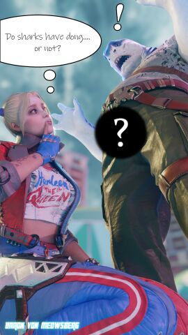 1boy 1girls 3d baron_von_meowsberg batman_(series) blender blonde_hair breasts clothing dc dc_comics female furry harley_quinn harley_quinn_(arkham) harley_quinn_(suicide_squad_game) humor imminent_sex king_shark male monster mutant self_upload suicide_squad suicide_squad:_kill_the_justice_league superhero superheroine warner_brothers