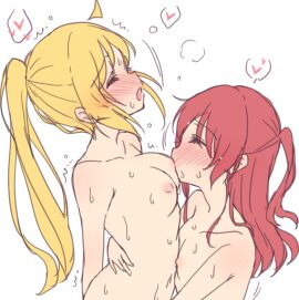 2girls blonde_hair bocchi_the_rock! breast_sucking breasts female female_only flushed flushed_face heart hi_res highres hug ijichi_nijika kissing kissing_breasts kita_ikuyo melty_pot multiple_females multiple_girls red_hair small_breasts sweat sweatdrop sweating tagme yuri