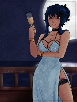 1girls arcane_odyssey black_eyes blue_hair camaronart champagne champagne_glass condom condom_packet condom_wrapper dress dressed female female_focus hair_ornament holding_glass holding_object lightning_scar lipstick looking_at_viewer mole_under_eye new_year night_sky oc ocean original_character outdoors outside roblox roblox_game robloxian self_upload sole_female tagme twitter_username