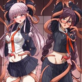 2girls arms_up bakasp-lilzy black_hair black_jacket black_ribbon black_skirt blush bound bound_arms braid collared_shirt cowboy_shot danganronpa danganronpa:_trigger_happy_havoc danganronpa_(series) female frown fukawa_toko fukawa_touko glasses grey_hair groin hair_ribbon highres jacket kirigiri_kyoko kirigiri_kyouko long_hair long_sleeves miniskirt multiple_females multiple_girls navel necktie open_clothes open_jacket orange_necktie pleated_skirt restrained ribbon round_eyewear shirt side_braid skirt tentacle tentacle_sex tickling twin_braids twintails white_shirt