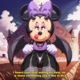 accessory angelauxes anthro bat_(shape) bat_accessory bat_neck_accessory bedroom_eyes big_ears black_body black_fur black_hair black_horn black_nose bow_(feature) bow_ribbon breasts censored censored_genitalia censored_pussy church clothed clothing clothing_lift cloud demon disney eyelashes female fishnet_clothing fishnet_leggings fishnet_legwear flat_chest flat_chested forked_tail full_moon fur furry garter_belt_leggings garter_straps gem gloves grass hair hair_accessory hair_ribbon hairbow handwear horn jewelry leggings legwear licking licking_lips light light_beam long_eyelashes looking_at_viewer mammal membrane_(anatomy) membranous_wings minnie_mouse moon mosaic_censorship mouse murid murine narrowed_eyes navel necklace offering_sex offering_to_viewer pantsless pink_eyes plant purple_accessory purple_clothing purple_gloves purple_handwear purple_shirt purple_tank_top purple_topwear pussy questioning ribbons rock rodent rubble seductive shadow shirt shirt_lift small_breasts solo sunbeam sundown sunlight sunset tail tan_body tan_skin tank_top text thick_thighs thong tongue topwear twilight underwear unusual_anatomy unusual_tail wings