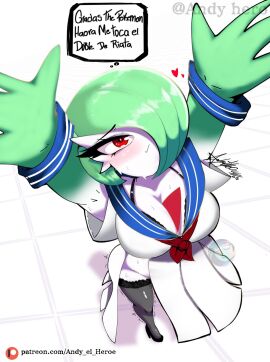 andy_hero big_ass big_breasts big_butt big_titties breasts clothing curvaceous curvaceous_female curvaceous_figure curvy curvy_figure curvy_hips female game_freak gardevoir green_hair nintendo pokemon pokemon_(species) school_uniform schoolgirl spanish_text stockings underwear white_skin