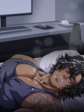 1boy after_orgasm beard_stubble bed beefy big_breasts black_hair blue_eyes blurry_background breasts bukkake computer cum cum_covered cum_drip cum_on_body cum_on_breasts cum_on_chin cum_on_clothes cum_on_face cum_on_forehead cum_on_hair cum_on_mouth cum_on_neck cum_on_nose cum_on_shoulder cum_on_upper_body cum_splatter cum_string curly_hair daddy dilf dormitory dripping dripping_cum embarrassed excessive_cum gay hi_res huge_breasts hunk indoors keyboard long_hair looking_away lying lying_on_back lying_on_bed male male_breasts male_only male_with_breasts manly mature_male messy_hair murakami_tarosu muscles muscular muscular_male no_visible_genitalia oppai original original_character pecs pillow pretending_to_sleep semen steam tanktop thisarmor tissue tissue_box tough_guy yaoi