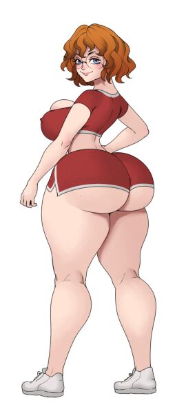 1girls ass big_ass big_breasts big_butt blue_eyes blush booty_shorts breasts clothing crop_top erect_nipples female glasses hands_on_hips huge_ass huge_breasts jay-marvel light-skinned_female light_skin looking_at_viewer looking_back nipples orange_hair original_character pov red_head red_shorts shoes smile solo solo_female solo_focus thick_thighs thighs two-tone_hair wavy_hair white_background zrhap