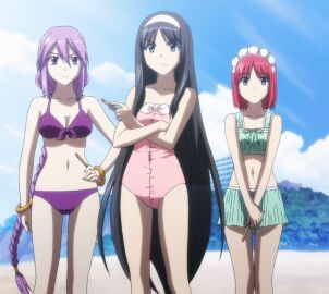 3girls beach big_breasts bikini black_hair braid braided_ponytail breasts busty carnival_phantasm cleavage covered_navel crossed_arms expressionless female female_only front-tie_bikini_top front-tie_top green_eyes grey_eyes hairband hand_on_hip highres hisui_(tsukihime) large_breasts legs long_hair looking_at_viewer medium_breasts melty_blood multiple_females multiple_girls navel one-piece_swimsuit own_hands_together pose posing purple_bikini purple_eyes purple_hair red_hair screencap serious short_hair sion_eltnam_atlasia small_breasts stitched swimsuit thighs third-party_edit tohno_akiha tsukihime very_long_hair voluptuous