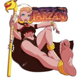 african african_female anklet bare_legs bare_shoulders barefoot black_topwear blue_eyes bracelet cape choker dark-skinned_female dark_skin earrings feet female foot_fetish foot_focus golden_accessories holding_staff looking_at_viewer midriff queen_la sitting solo_female the_legend_of_tarzan thighs white_hair