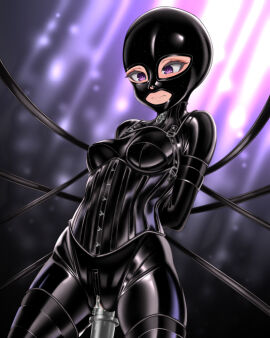 black_bodysuit blush bodysuit bondage bound bound_arms commentary_request commission corset crotch_zipper female gimp_mask gimp_suit idolmaster idolmaster_cinderella_girls latex latex_bodysuit mask neck_corset object_insertion purple_eyes pussy shiny_clothes shirayuki_chiyo skeb_commission solo vaginal_object_insertion vaginal_penetration yukimaru_(yukimaru_0721) zipper