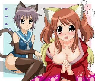 2girls animal_ears asahina_mikuru blush breasts brown_hair cat_ears cleavage clothing elbow_gloves female fox_ears gloves isse japanese_clothes kimono large_breasts long_sleeves mole mole_on_breast multiple_females multiple_girls nagato_yuki official_alternate_hairstyle one-piece_swimsuit open_mouth print_kimono purple_hair short_hair single_bare_shoulder sitting small_breasts stockings suzumiya_haruhi_no_yuuutsu swimsuit tail tears thighhighs twintails