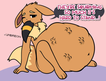 ambiguous_gender anthro belly big_belly black_eyes black_tail brown_body brown_fur cuntboy dark_tail eevee eeveelution fluffy fluffy_tail fur group huge_belly hyper hyper_belly inflation inflation_fetish intersex intersex/intersex leaning leaning_backward long_ears looking_at_viewer looking_away male markings neck_tuft nintendo oral_vore pokemon pokemon_(species) pompuffy_(artist) raised_tail ring_(marking) ringed_tail sequence sitting speech_bubble squirming striped_markings striped_tail stripes struggling_prey swallowing tail tail_markings text tuft umbreon vore weight_gain weight_gain_drive