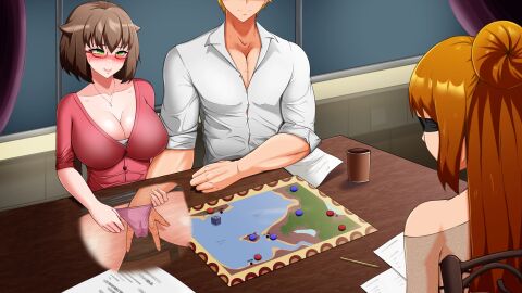 1boy 2girls amy_reed azienda biting_lip blindfold blindfolded board_game breasts brown_hair brunette_hair cheating cheating_wife cleavage closed_mouth female fingering fingering_pussy fingering_through_clothes fingering_under_clothes forearms glasses green_eyes holding_back holding_back_moans holding_back_orgasm legs_apart legs_spread lifting_skirt looking_pleasured male necklace netorare ntr open_shirt orange_hair pov pussy sitting sophie_page spread_legs spreading stealth_fingering student student_and_teacher teacher teacher_and_student x-ray zack_evans