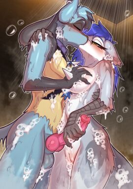 5_fingers animal_genitalia animal_penis anthro avian balls basinu_(lucario_gaymer) beak bird breast_grab breasts canine_genitalia canine_penis claws closed_eyes collar drops duo enfield erection ettomi female feral fingers foam furry gabriel_serealia generation_4_pokemon genitals hand_on_breast hi_res kissing knot knotted_penis lucario male male/female nintendo north_(gabriel_serealia) nude penis penis_grab phluks pokemon pokemon_(species) shower soap soap_bubbles vulva wet wet_body