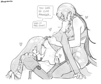 3girls alexandrina_sebastiane belle_(zenless_zone_zero) breasts clothes_lift commentary english_commentary english_text female fff_threesome group_sex heart highres jane_doe_(zenless_zone_zero) leaning_back licking licking_belly licking_stomach lifting_another's_clothes long_hair maid meous monochrome multiple_females multiple_girls nipples shirt_lift sitting threesome tongue very_long_hair victoria_housekeeping yuri zenless_zone_zero