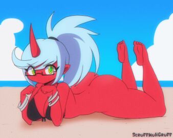 animated arched_back ass ass_cheeks ass_crack ass_jiggle barefoot beach big_ass big_breasts big_butt bikini bikini_top black_bikini black_bikini_top blue_hair bottomless bracelet bracelets breasts bubble_ass bubble_butt butt_crack butt_dimples cute cute_eyes demon demon_girl disgusted_look fat_ass feet feet_up female female_only gainax glasses green_eyes half-dressed half_naked horn kneesocks_daemon laying_down laying_on_sand laying_on_stomach looking_at_viewer ocean panty_&_stocking_with_garterbelt ponytail prone red_body scruffmuhgruff shoulders side_to_side thick thick_ass thick_hips thick_legs thick_thighs thighs wide_hips wiggling_ass