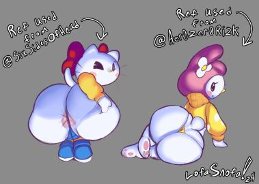 2girls anthro anus anus_peek ass ass_cleavage ass_crack bunny_tail butt_crack cameltoe cat_tail crouching feline female female_only hello_kitty hello_kitty_(series) kitty_white lofasnofa looking_at_viewer looking_back looking_back_at_viewer lying_on_side my_melody onegai_my_melody panties pussy rabbit rabbit_ears sanrio spread_ass tail text white_body wink