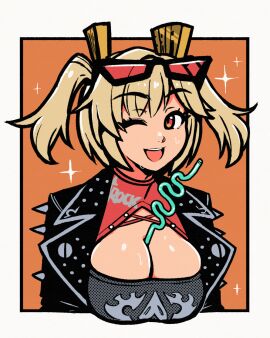 akairiot between_breasts breasts burnice_white cleavage drinking_straw female glasses glasses_on_head huge_breasts large_breasts leather_jacket looking_at_viewer object_between_breasts one_eye_closed open_mouth red-tinted_eyewear straw straw_in_breasts sweat tinted_eyewear tube_top tubetop zenless_zone_zero