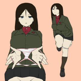 1girls backless_panties black_footwear black_hair black_skirt black_socks blue_eyes bow bow_panties closed_mouth clothes_lift commentary female girls_und_panzer green_jacket groin highres holding holding_panties holding_underwear holding_unworn_clothes insignia jacket leg_up light_frown loafers long_hair long_sleeves looking_at_viewer miniskirt multiple_views no_panties nonna_(girls_und_panzer) onsen_tamago_(hs_egg) orange_background panties panty_pull parted_lips pleated_skirt pravda_school_uniform presenting_removed_panties pulling_own_clothes red_shirt school_uniform shirt shoes simple_background skirt skirt_lift socks standing standing_on_one_leg swept_bangs turtleneck underwear white_panties