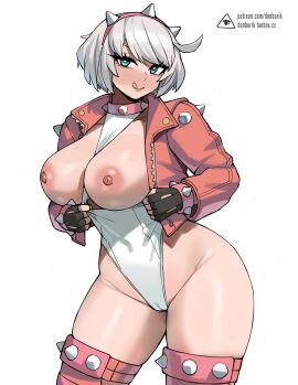1girls 2d blue_eyes breasts donburikazoku elphelt_valentine female guilty_gear guilty_gear_strive high_resolution hips huge_breasts light-skinned_female light_skin naughty_face short_hair simple_background smile solo solo_female stockings thick_thighs thighs white_hair wide_hips