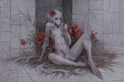 anthro balls bodily_fluids claws cum femboy flower foreskin fur genital_fluids genitals gravewarden hair half-erect hi_res humanoid_genitalia humanoid_penis kinovara_steklovskaya long_hair male male_only mammal murid murine nude penis pinup plant pose rat red_eyes red_flower rodent sitting solo solo_male uncircumcised white_body white_fur white_hair