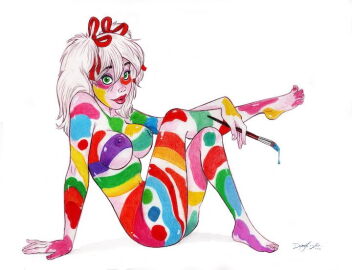 1girls bodypaint boobs breasts color colored dean_yeagle female green_eyes lips mandy_(dean_yeagle) paint paintbrush painted painted_skin painting pigtails red_lips ribbons