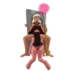 all_fours anklet ass ass_up bare_legs barefoot between_legs cape chivocesh cunnilingus dark-skinned_female dark_skin female femdom femsub holding_staff hypnosis hypnotizing_viewer mind_break open_legs oral oral_sex pleasuring_the_enemy queen_la sex_slave sitting_on_throne slave slave_girl the_legend_of_tarzan throne white_hair