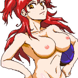 1girls armpit_peek ball_(object) beachball big_breasts breasts busty confident curvy female female_only freckles gundam hands_on_hips highres large_breasts legs long_hair looking_at_viewer navel nena_trinity nipples nude pixel_art pose posing red_hair smile thighs twintails voluptuous white_background yellow_eyes