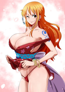 1girls alternate_color areola_slip arm_tattoo bangle bare_shoulders bikini blue_tattoo bracelet breasts brown_eyes cleavage clothes_lift collarbone cowboy_shot curvy earrings female female_focus floral_print floral_print_kimono hair_ornament huge_breasts japanese_clothes jewelry kimono large_breasts log_pose long_hair looking_at_viewer minpei_ichigo nami_(one_piece) nami_(one_piece)_(wano) obi off_shoulder one_eye_closed one_piece orange-haired_female orange_eyes orange_hair panties petals print_kimono red_bikini red_kimono red_panties sash shiny_skin short_kimono sleeveless sleeveless_kimono smile solo string_panties swimsuit tattoo thong underwear wide_hips wink