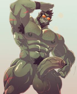 1boy abs armpit_hair balls bara beard biceps big_balls big_penis body_hair erection green-skinned_male green_body green_skin hairy_chest juggermelon male male_nipples male_only male_pubic_hair muscular muscular_male nipples nude orc orc_male pecs penis pointy_ears pubic_hair rhys_(juggermelon) scar solo teeth teeth_visible tusks yaoi
