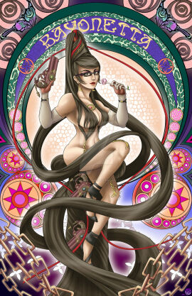 1girls artist_request bayonetta bayonetta_(character) black_hair female glasses lollipop long_hair mole_under_mouth pistol red_lipstick revealing_clothes solo solo_female